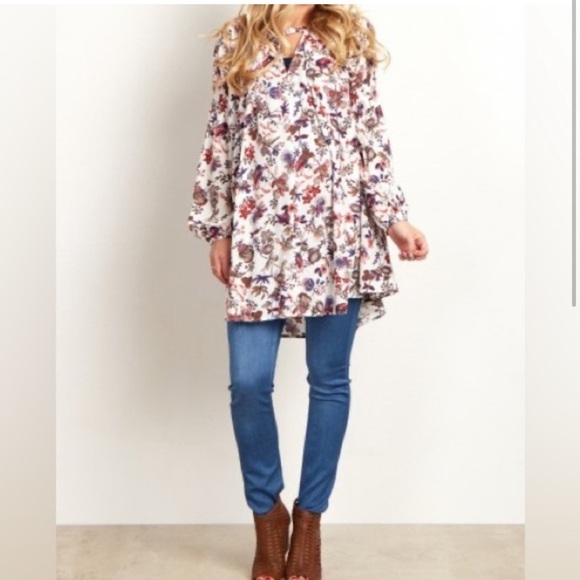 2/$30 Umgee - Multicolor Floral Long Sleeve Tunic Blouse Top - Picture 1 of 8